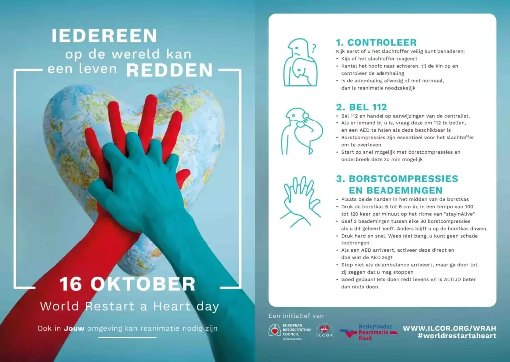 A poster for Woensdag 16 oktober: World Restart a Heart Day showcases blue and red hands encircling a globe. It provides clear CPR steps: Assess, Call 112, perform chest compressions, and rescue breaths. Includes logos and hashtags to spread awareness globally.